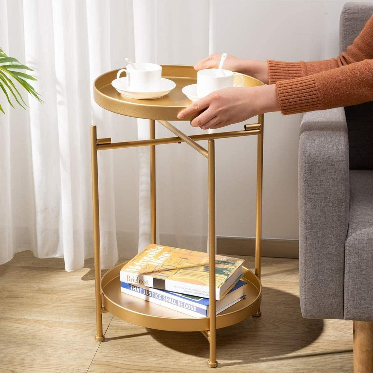 Gold Beistelltisch Rund Metall Balkontisch Snacktisch Couchtisch Teetisch