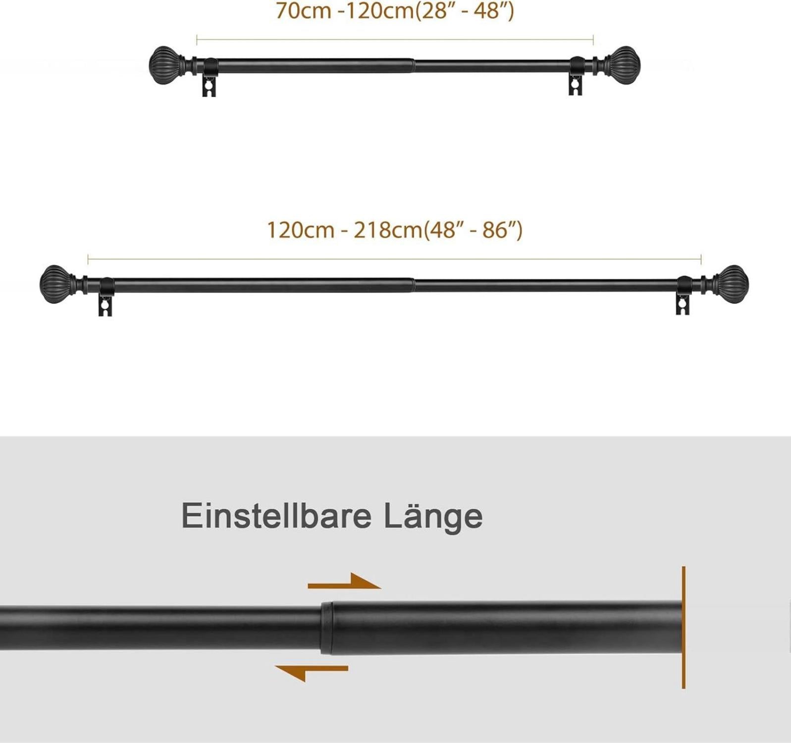 Ausziehbare Gardinenstange Schwarz 16mm für Fenster mit Kugel-Endstück