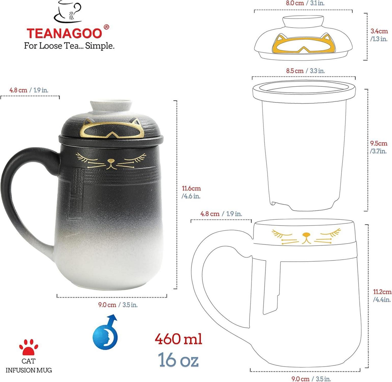 TEANAGOO Japanische Katzentasse Keramik 460 ML Schwarz Weiß Teebecher