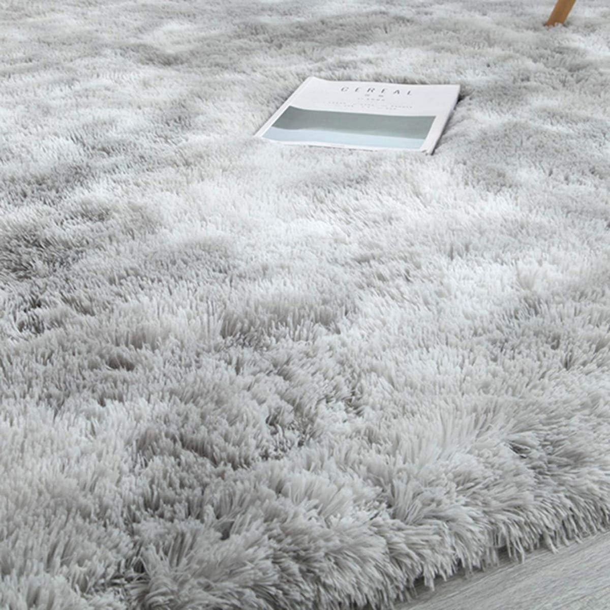 Flauschiger Hochflor Teppich Grau Weiß 200x300cm Rutschfest Waschbar
