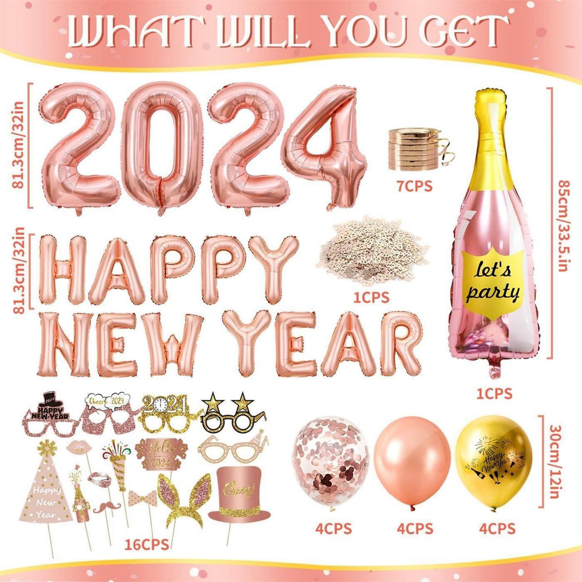 Silvester Deko Set 2024 Rosegold Folienballon Helium Party