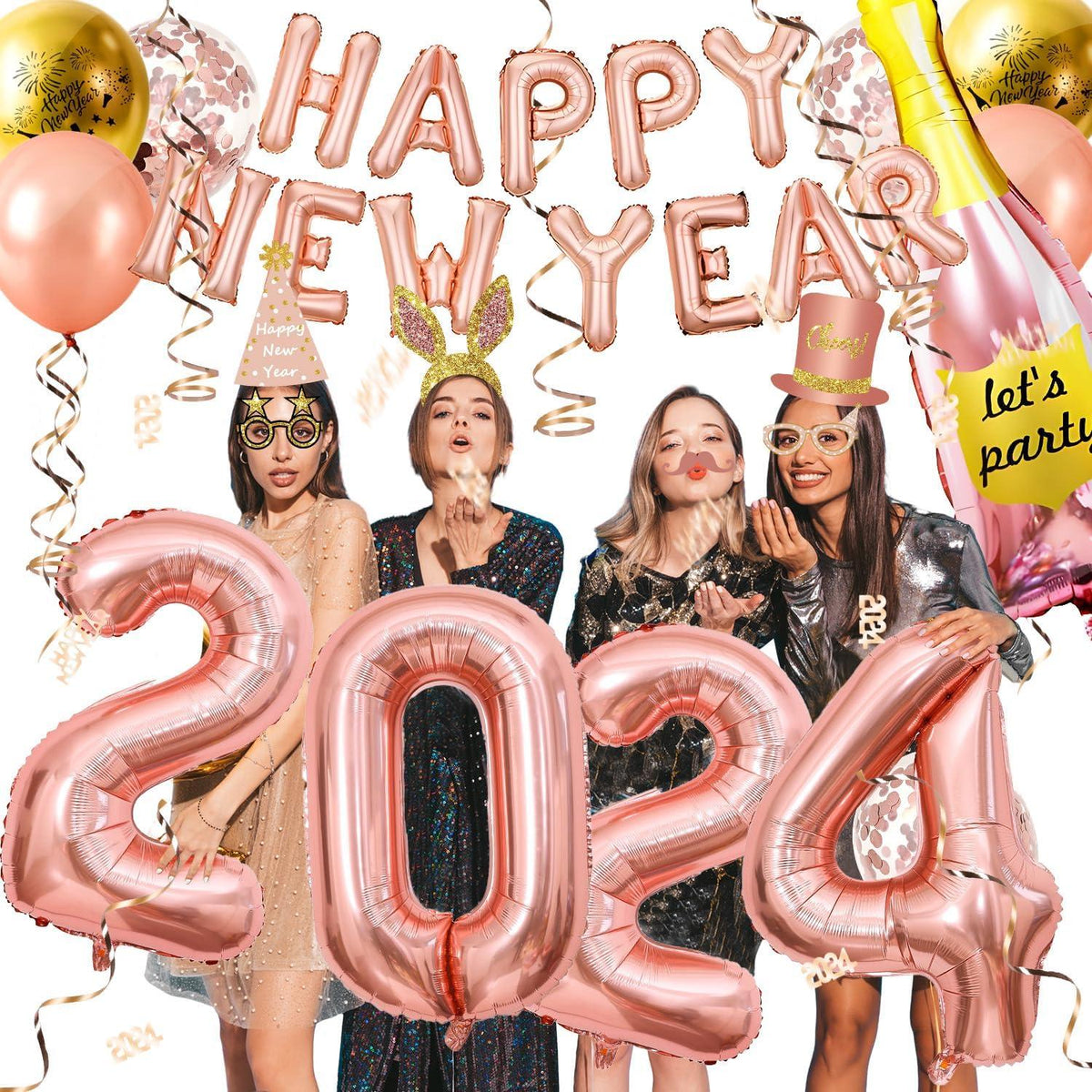2024 Silvester Deko Set Happy New Year Folienballon Rosegold