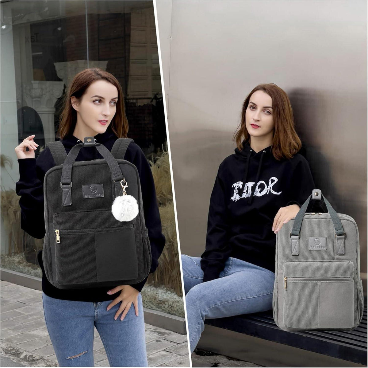 Cord Rucksack Damen Herren Daypack Schwarz Anti-Theft Citytasche