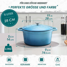 Gusseiserner Bräter 6L mit Deckel, Blau Emaille Topf