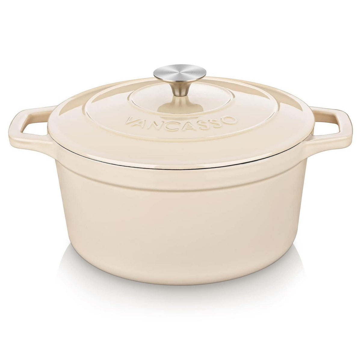 Gusseiserner Bräter mit Deckel, 5L, Creme Weiß