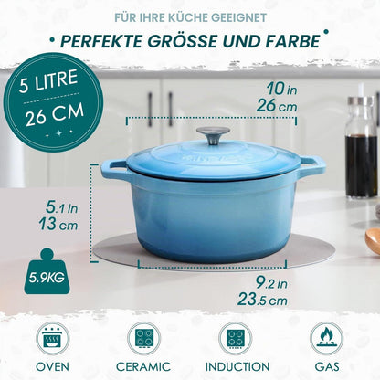 Gusseiserner Bräter mit Deckel, 5L, Blau
