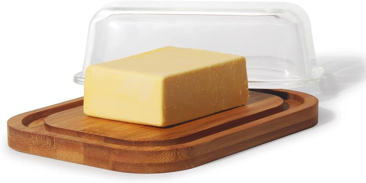 Butterdose aus Glas und Bambus mit hochwertigem Glasdeckel