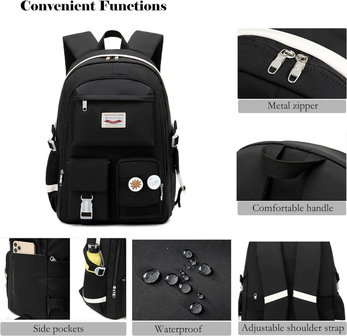 Makukke Schulrucksack Damen Teenager Mädchen Anti-Theft Daypack 15-Zoll-Laptopfach