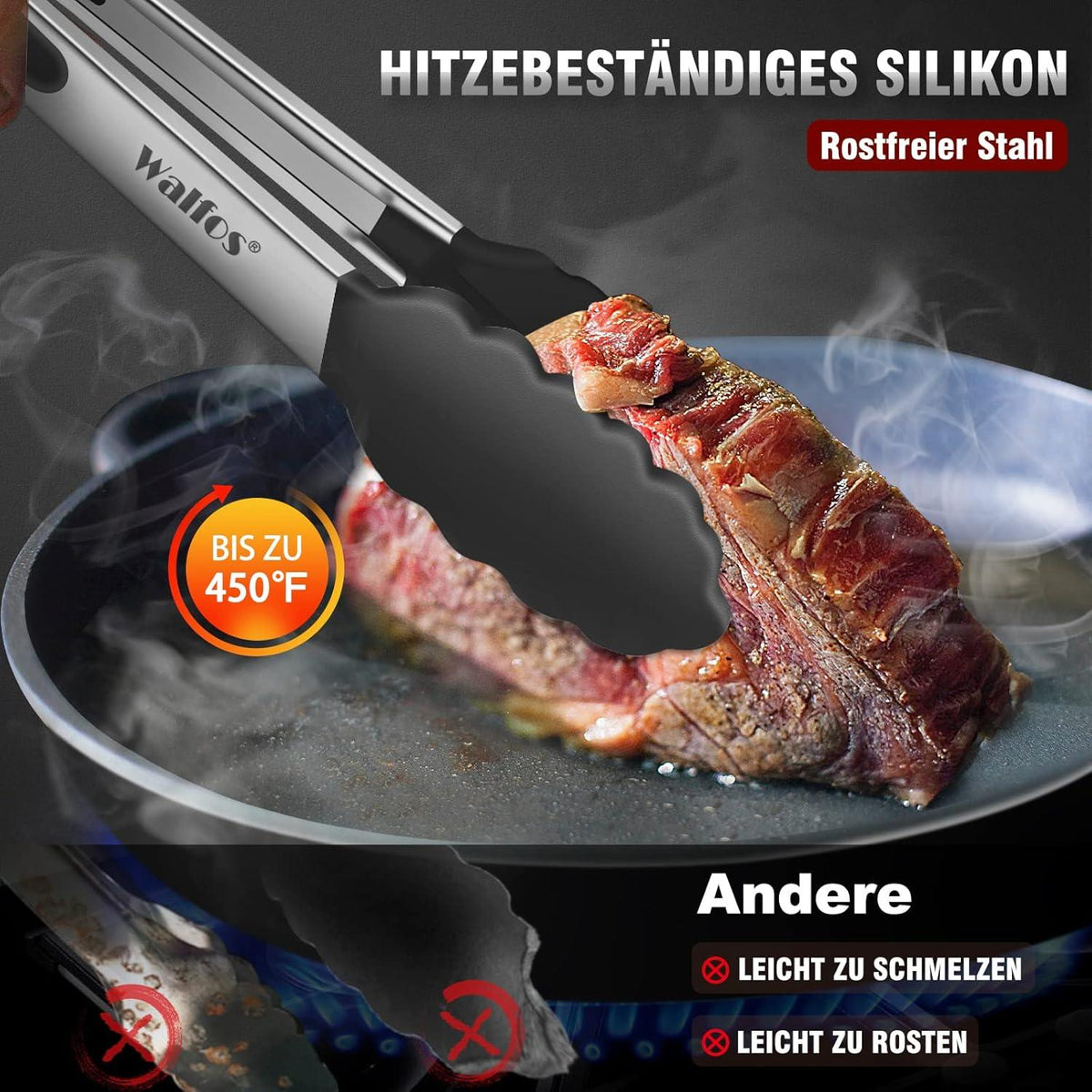 Walfos Küchenzange Set - Hitzebeständige Grillzange 3er-Set