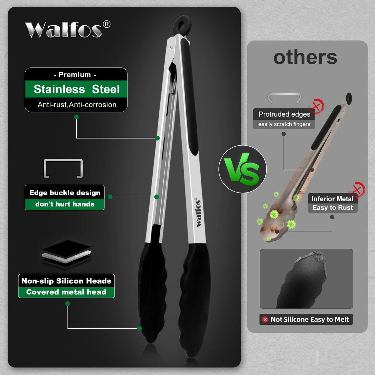 Walfos Küchenzange Hitzebeständige 3er-Set Silikonspitzen 18cm 23cm 30,5cm
