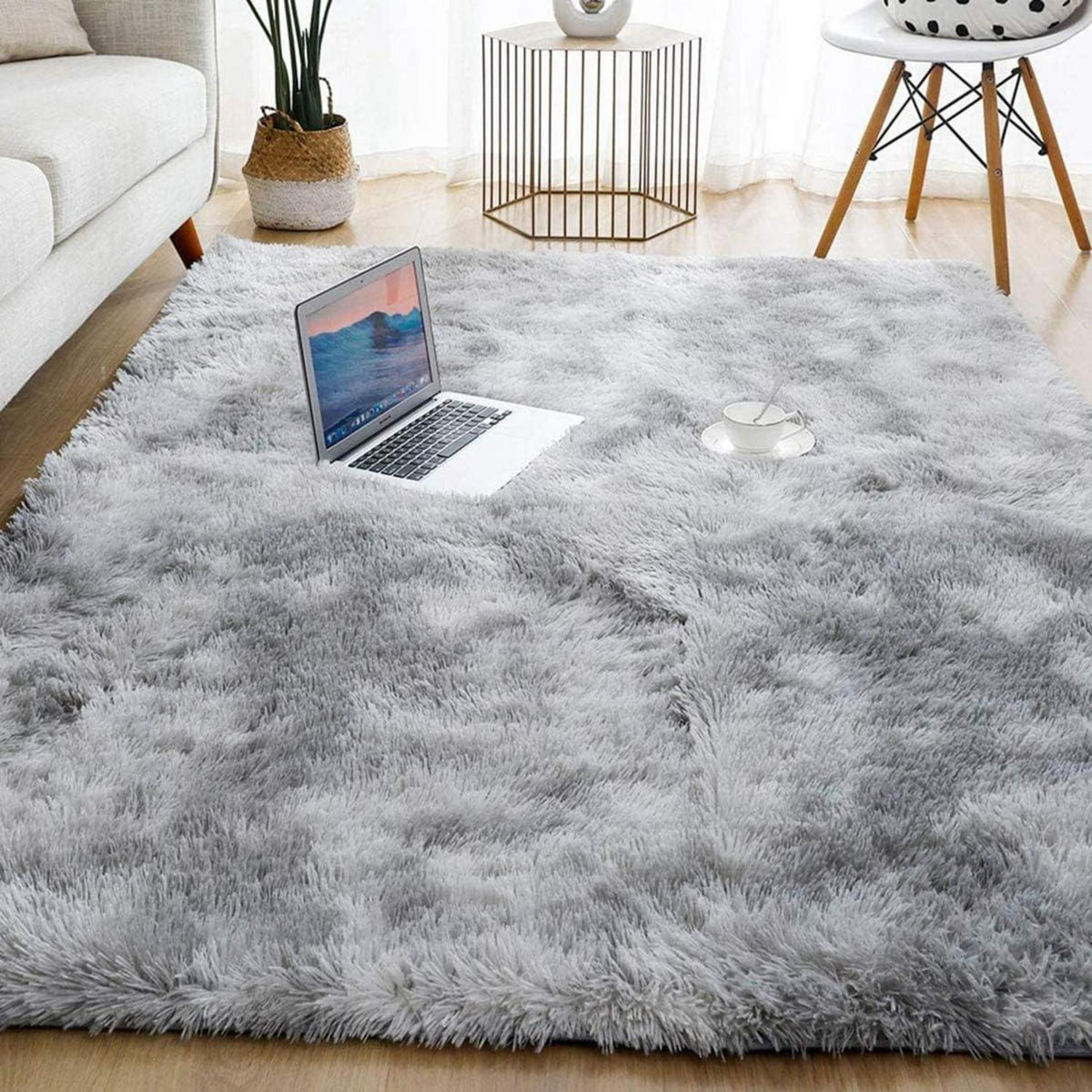 Shaggy Teppich Grau Weiß 200x300cm - Weicher Wohnzimmerteppich