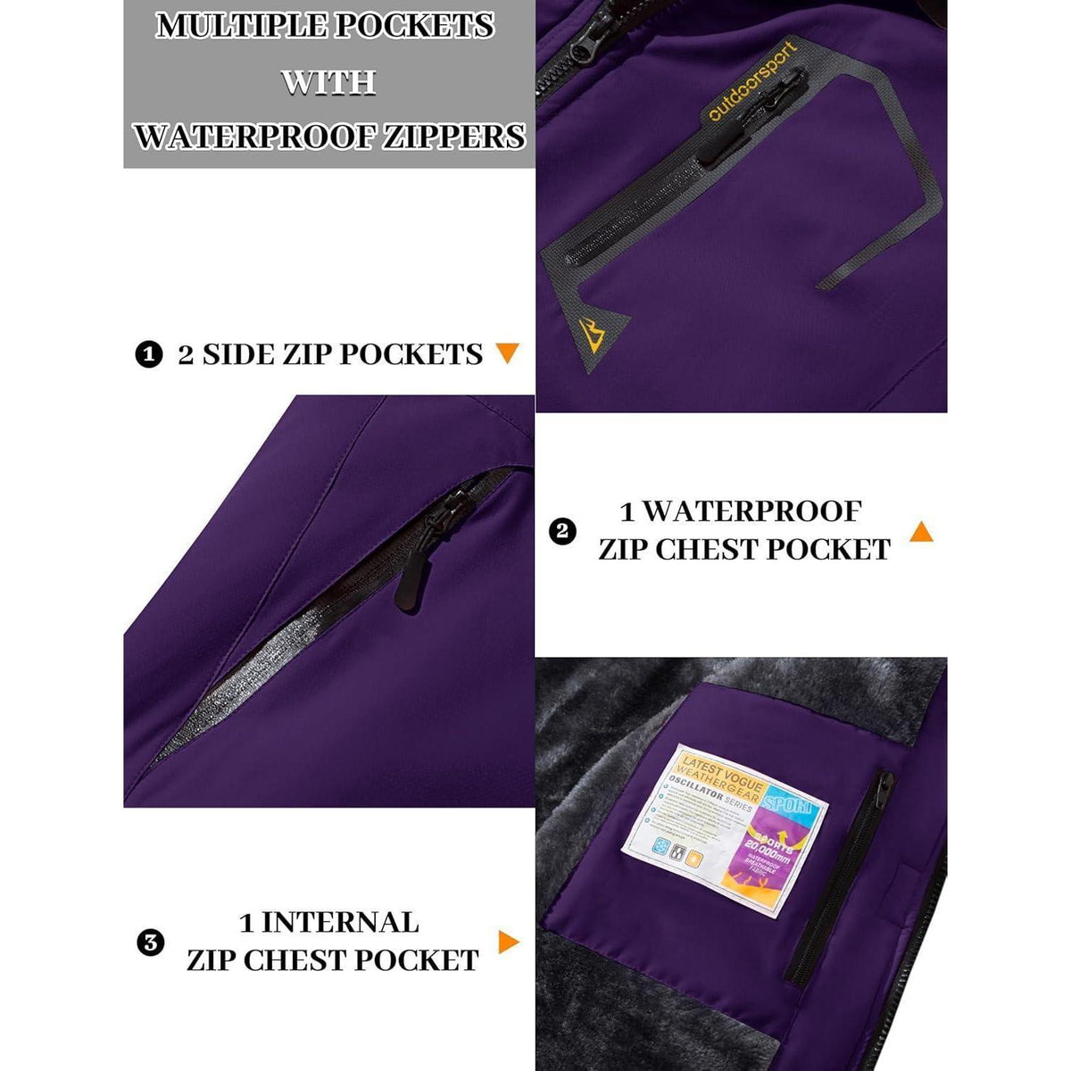 Damen Winterjacke Wasserdicht Winddicht Fleece Dunkelviolett XL