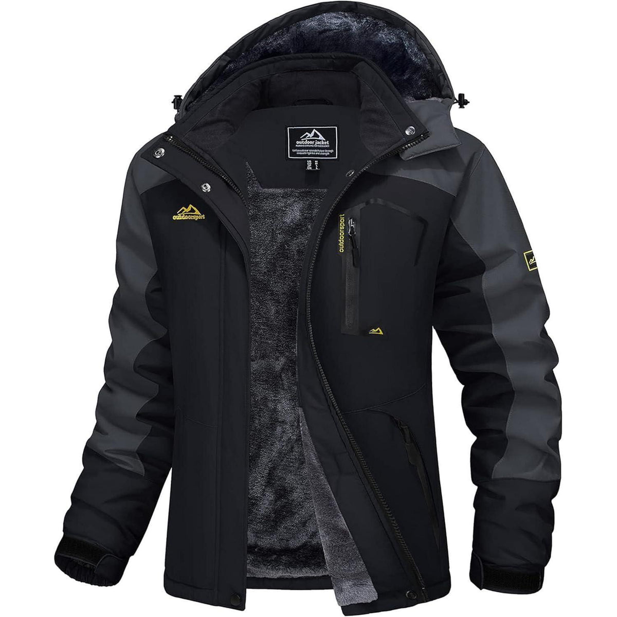Damen Winterjacke mit Fleece, wasserdicht, abnehmbarer Hut, Schwarz/Grau