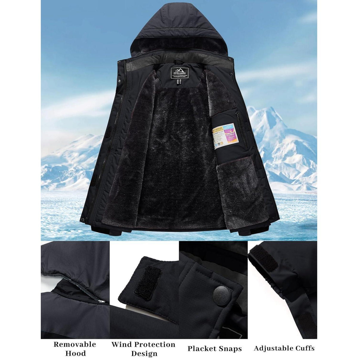 Damen Winterjacke mit Fleece, wasserdicht, abnehmbarer Hut, Schwarz/Grau