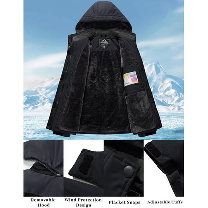 Damen Winterjacke mit Fleece, wasserdicht, abnehmbarer Hut, Schwarz/Grau