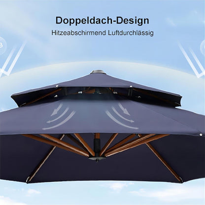 Gartenschirm Sonnenschirm Ø 365 cm Alu Holzoptik Doppeldach XXL Marineblau