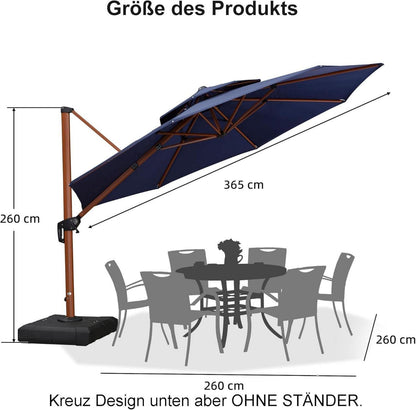 Ampelschirm Sonnenschirm Ø 365 cm Drehbar Neigbar Kippbar Gartenschirm Groß 360° mit Kurbel Doppeldach Marineblau