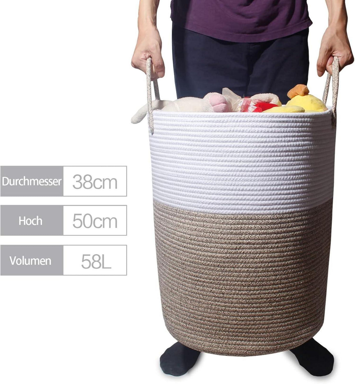 SYLANDO Wäschekorb mit Henkel 58L Spielzeug Aufbewahrung Geflochten Braun 38x50