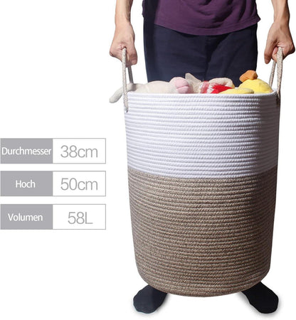 SYLANDO Wäschekorb mit Henkel 58L Spielzeug Aufbewahrung Geflochten Braun 38x50