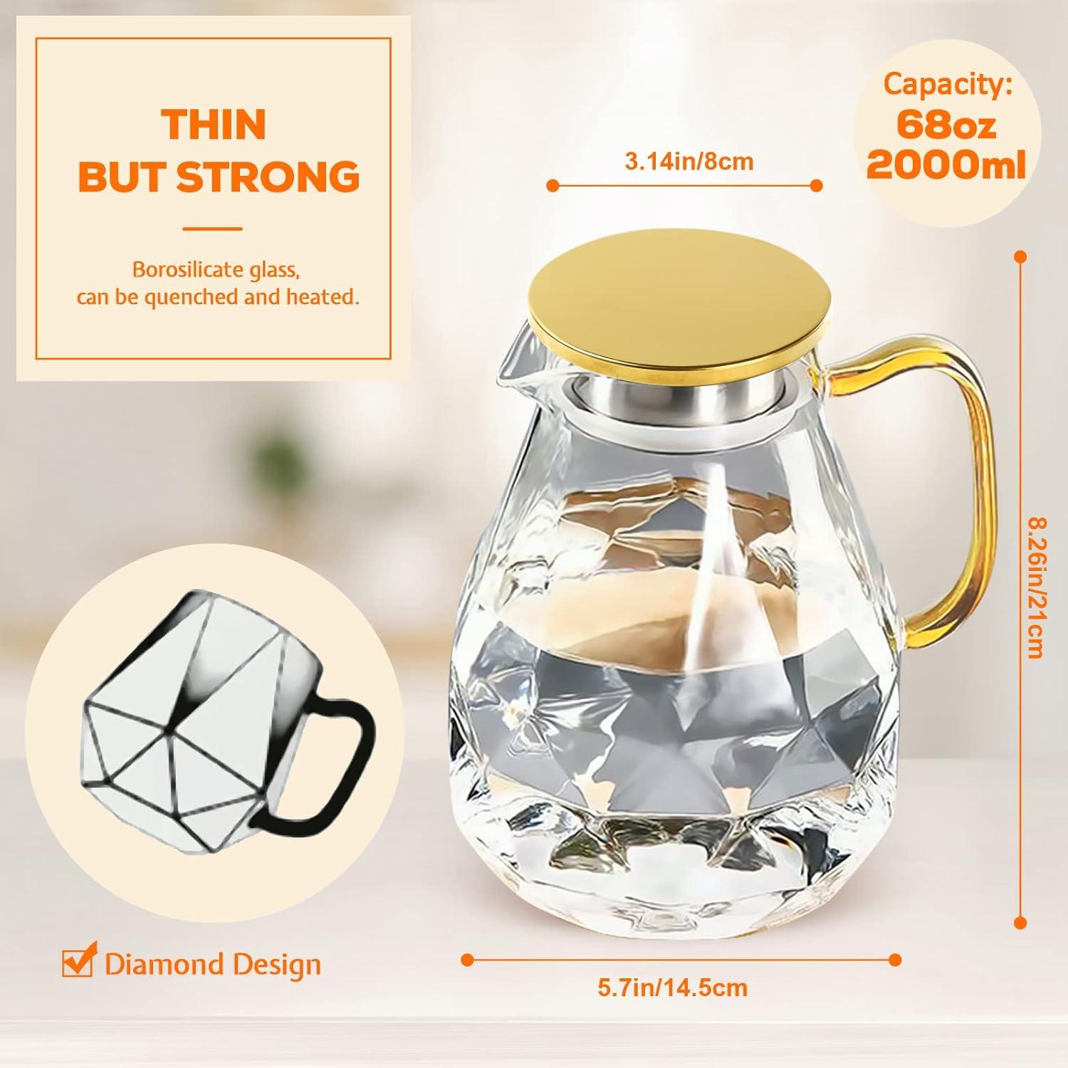 Glaskaraffe 2L mit goldener Deckel, Diamant Design, langlebig, hitzebeständig