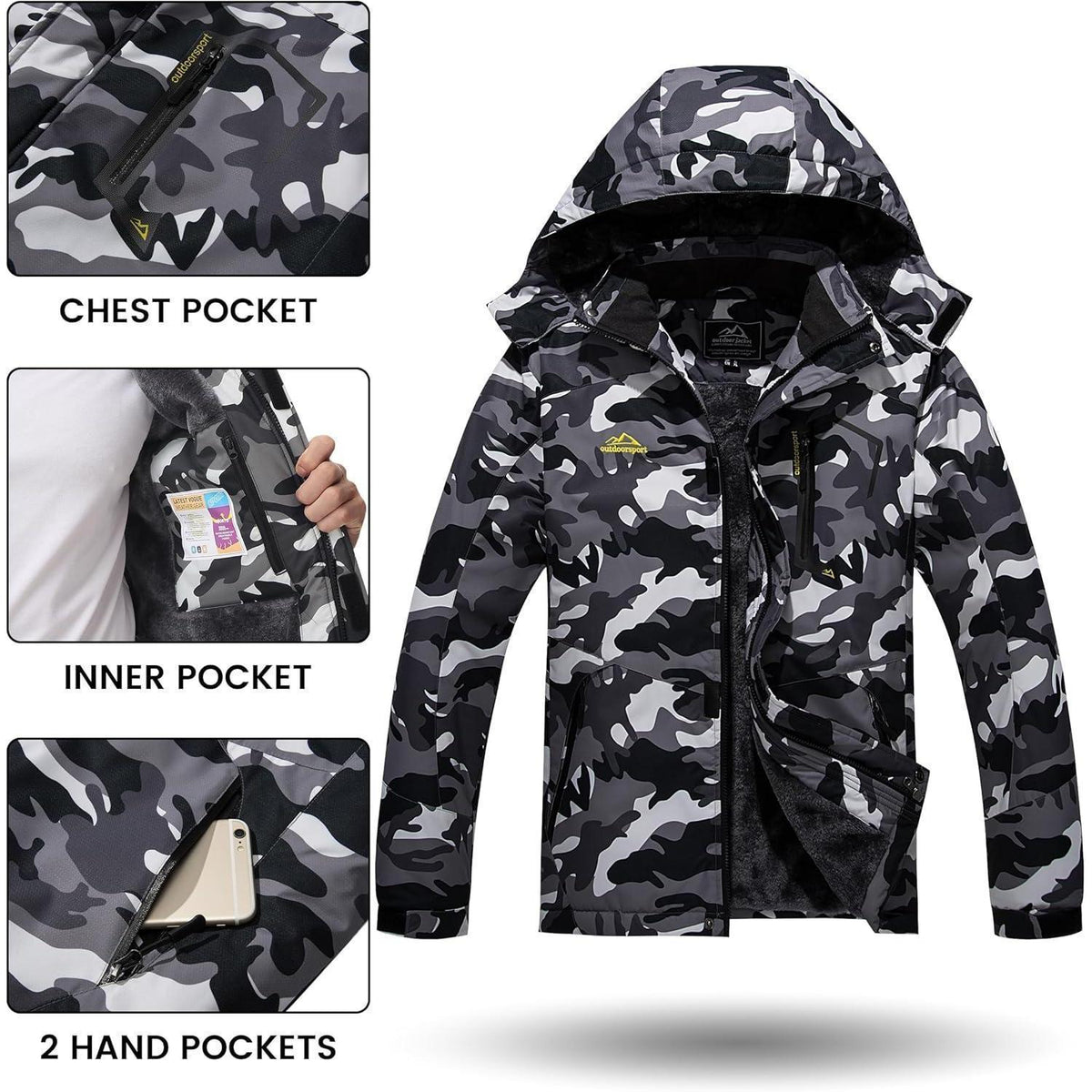 Herren Winterjacke wasserdicht warm gefüttert mit Kapuze L Schwarz Camo