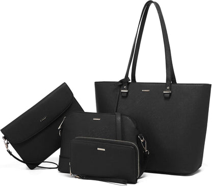 Schwarze Damen Handtaschen Set Schultertasche Umhängetasche 4-teilig