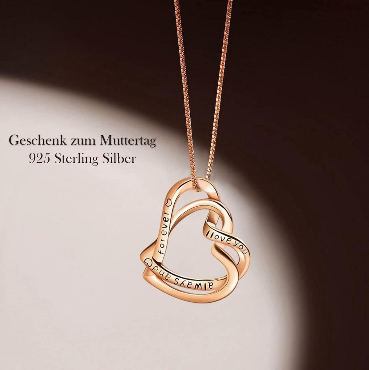 925 Sterling Silber Doppelherz Halskette Rosegold 45cm