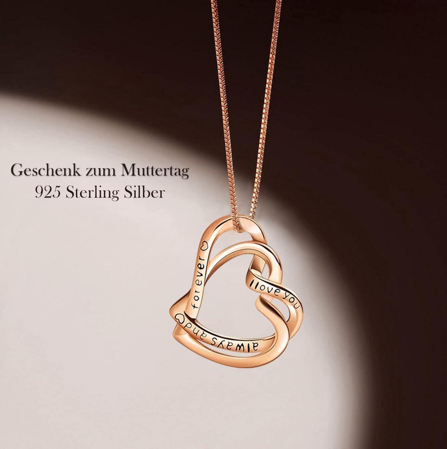 925 Sterling Silber Doppelherz Halskette Rosegold 45cm
