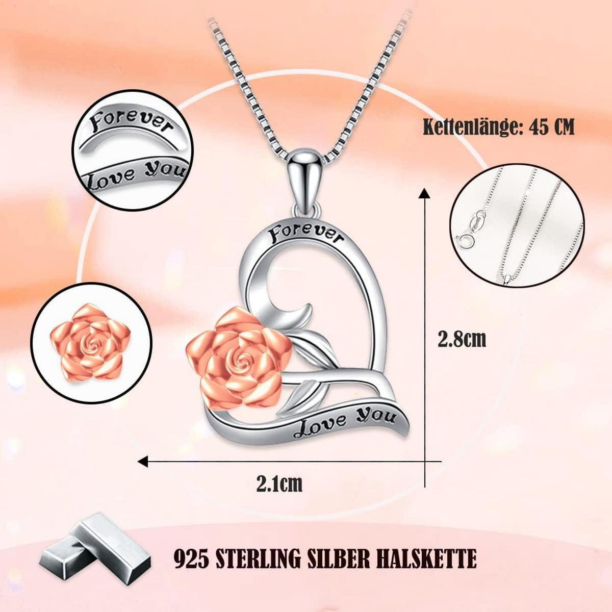 SWEETIME Damen Halskette 925 Sterlingsilber Rose Herz