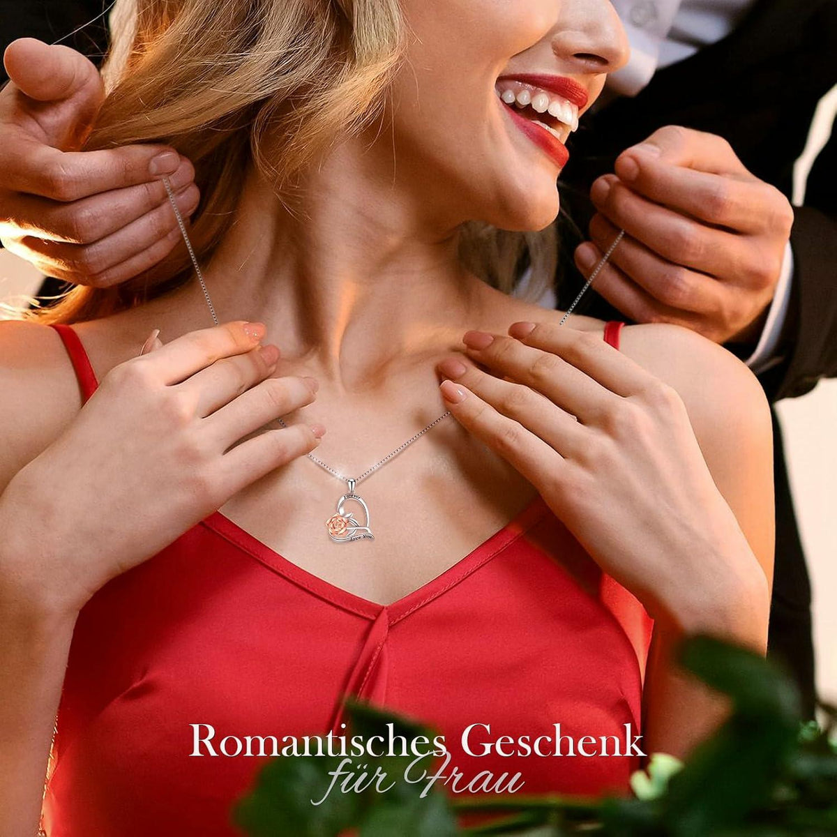 SWEETIME Damen-Herz-Rosen-Halskette 925 Sterlingsilber Geschenk