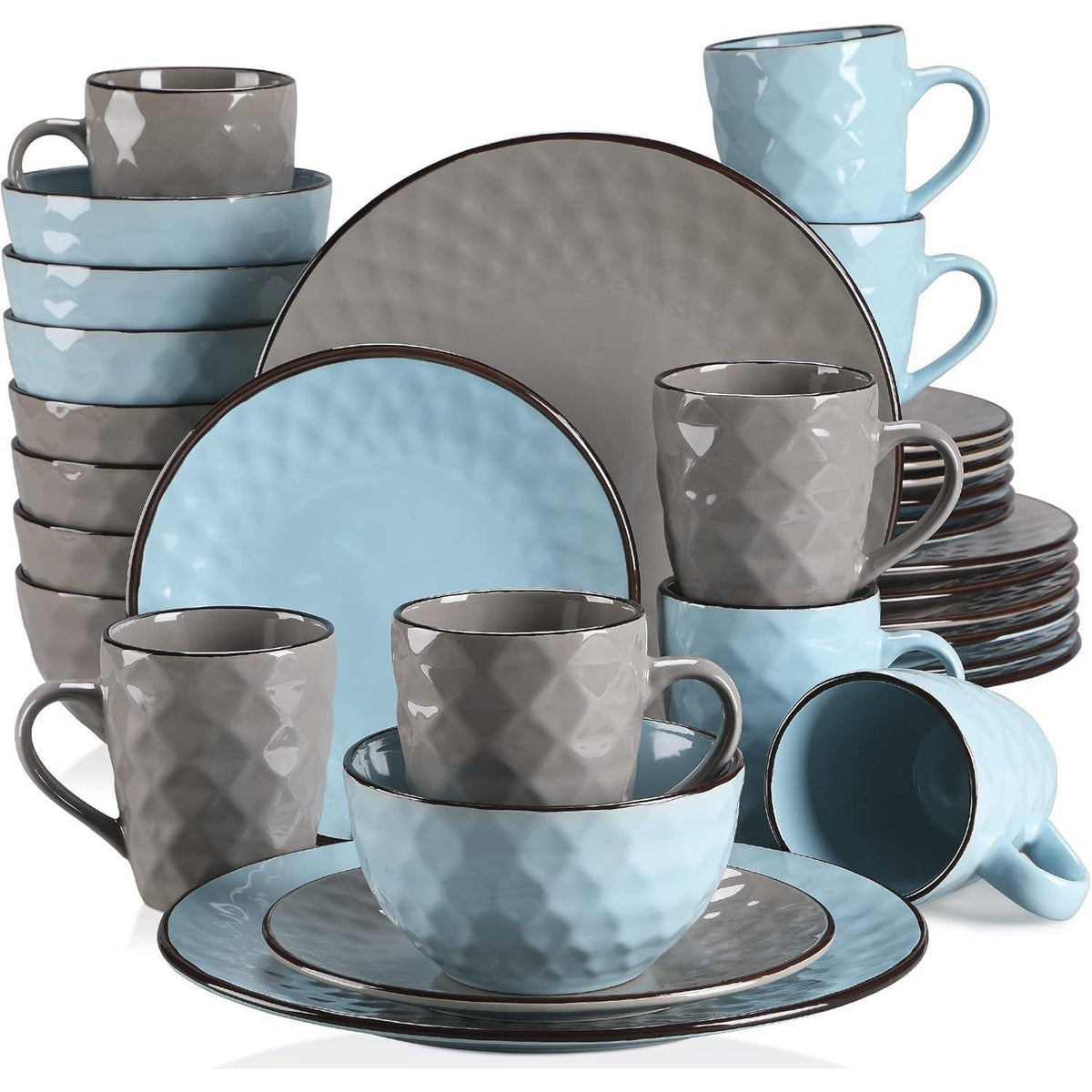 32-teiliges Steingut Kombiservice Blau/Grau mit Edelstein Design