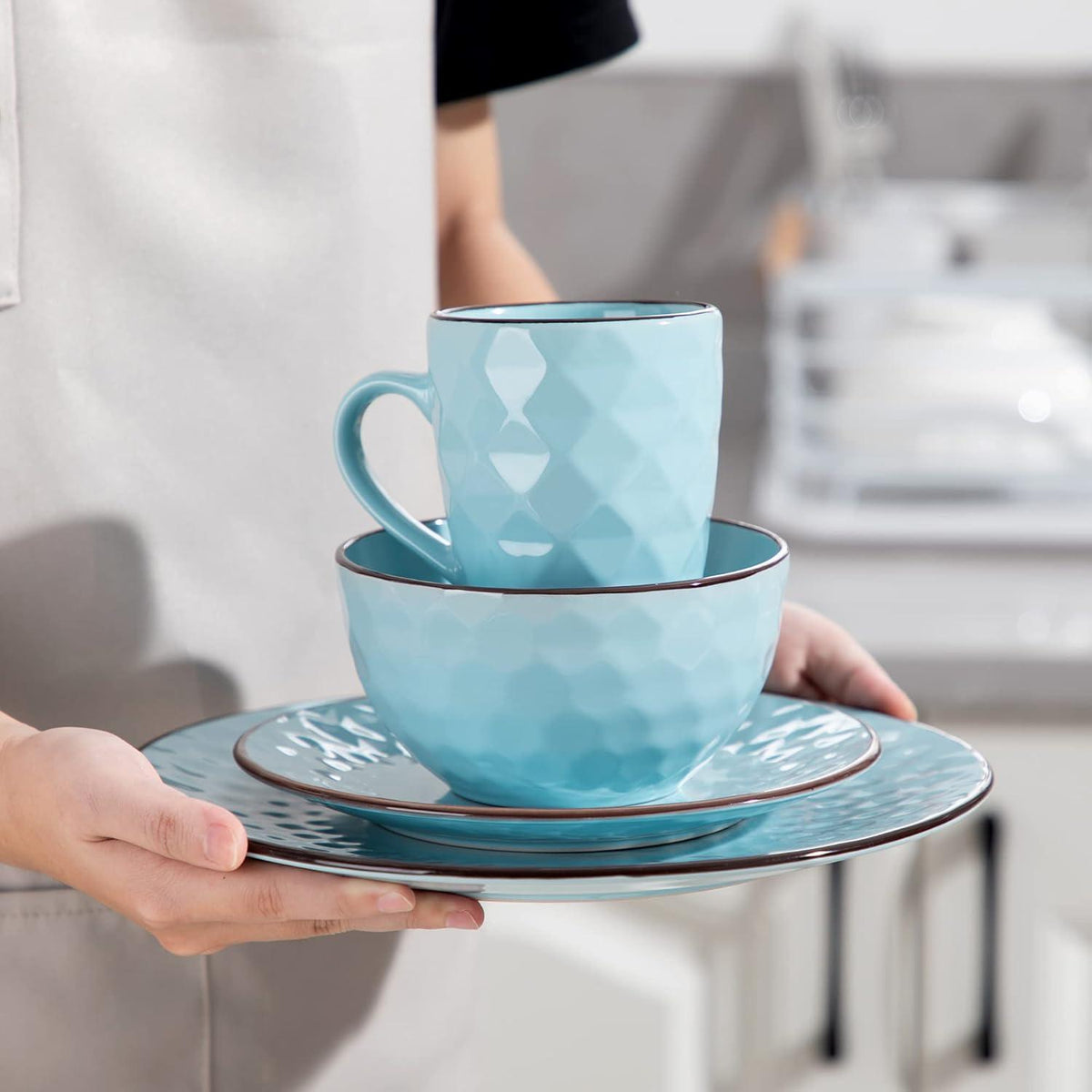 32-teiliges Steingut Kombiservice Blau/Grau mit Edelstein Design