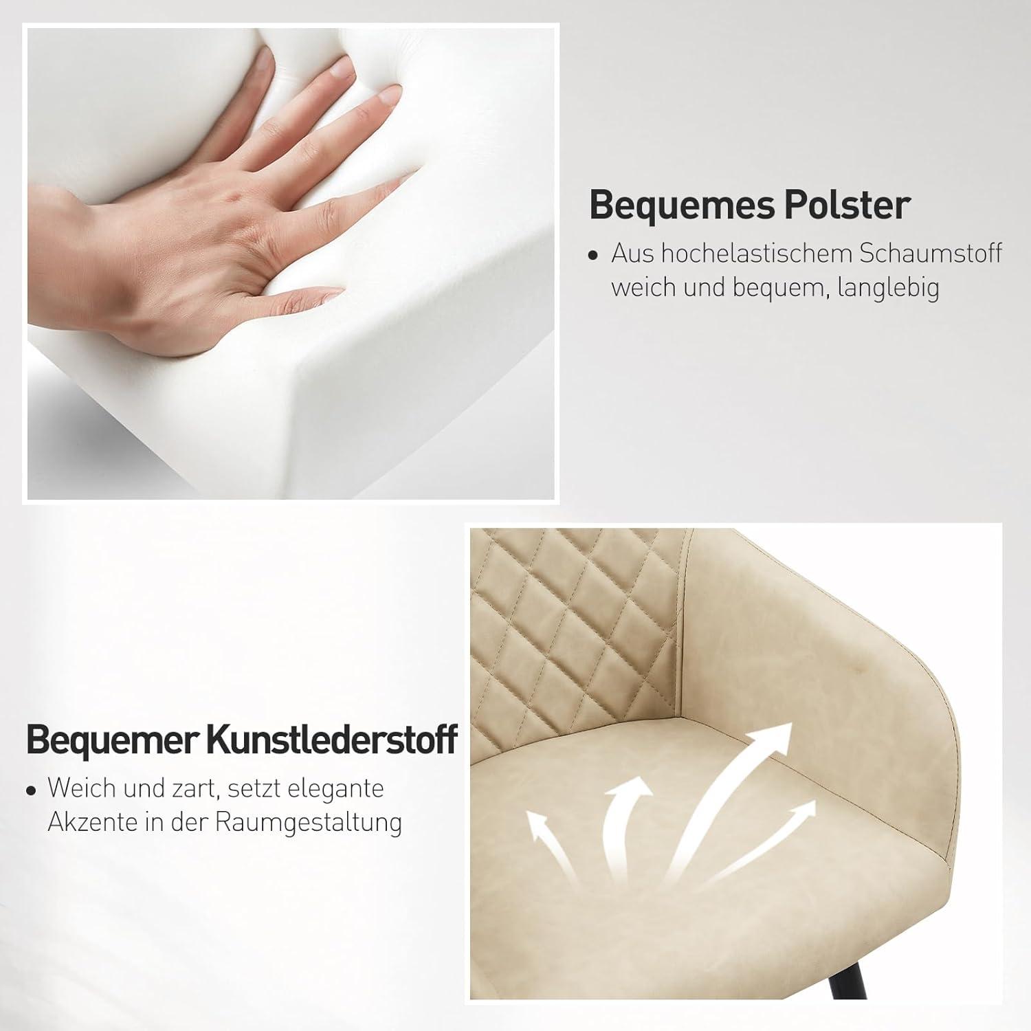 CLIPOP Esszimmerstuhl Kunstleder Bezug Armlehne Metallbeine Elfenbeinbeige