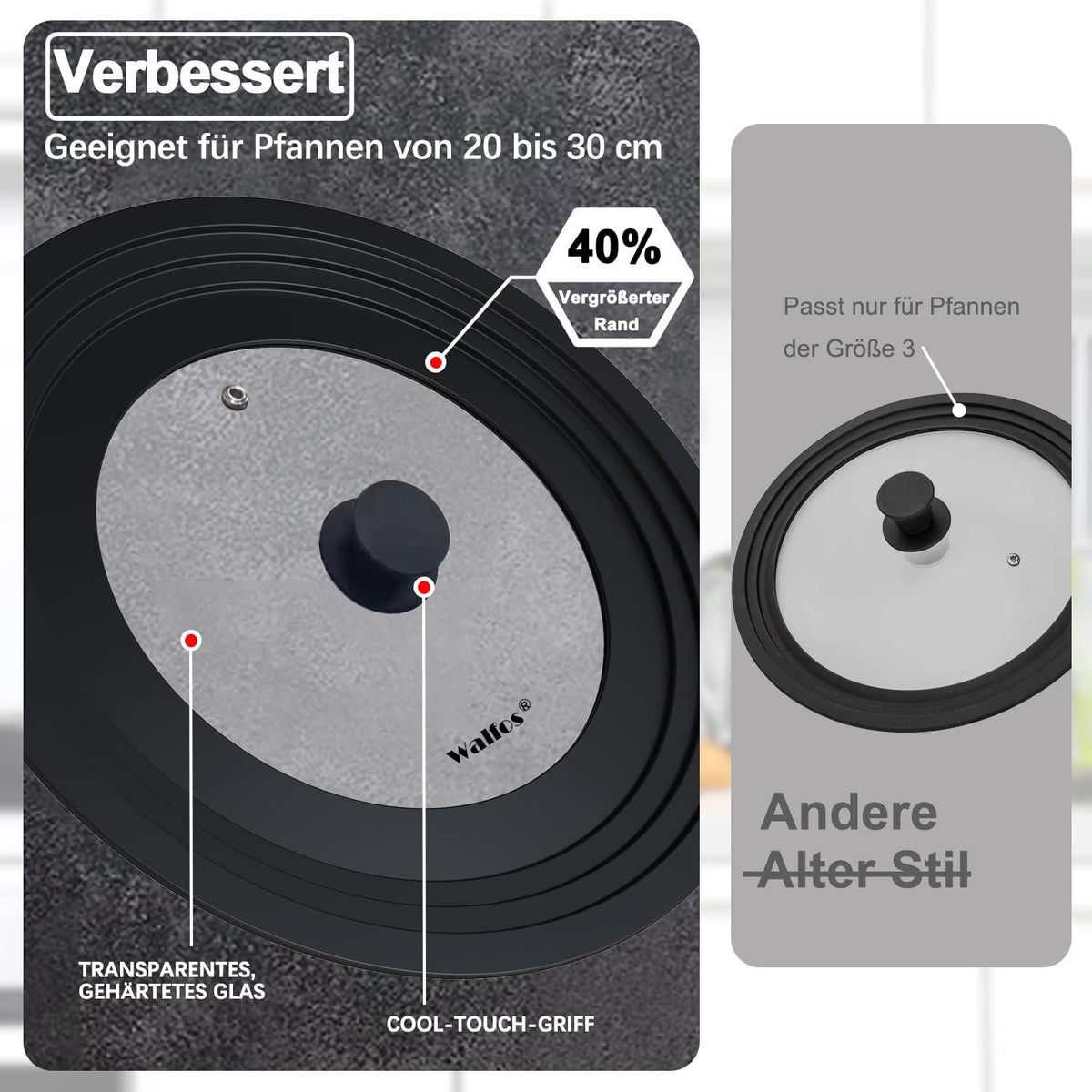 Walfos Universaldeckel Ø 30-20cm Glasdeckel für Töpfe und