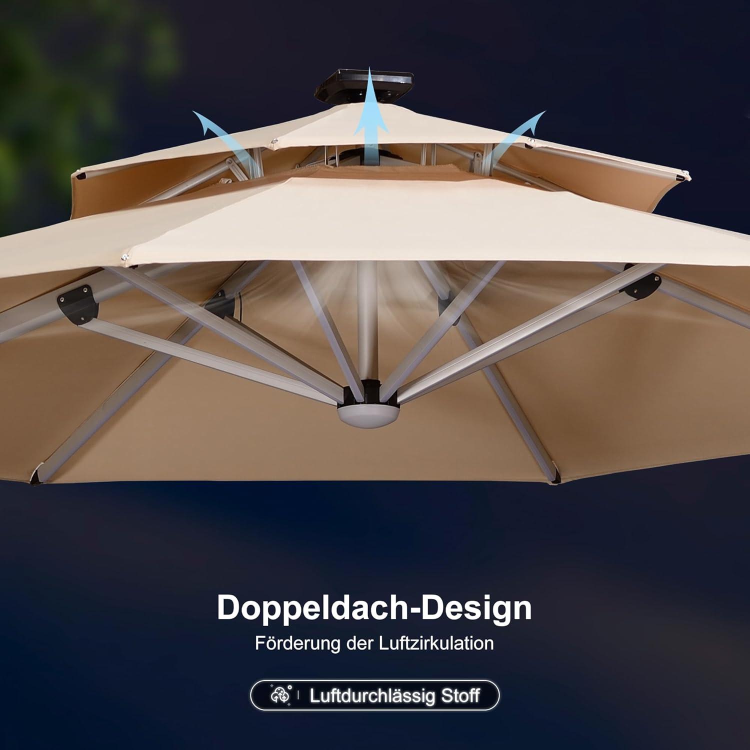 PURPLE LEAF Sonnenschirm LED Solar Beleuchtung Ampelschirm Ø 330cm