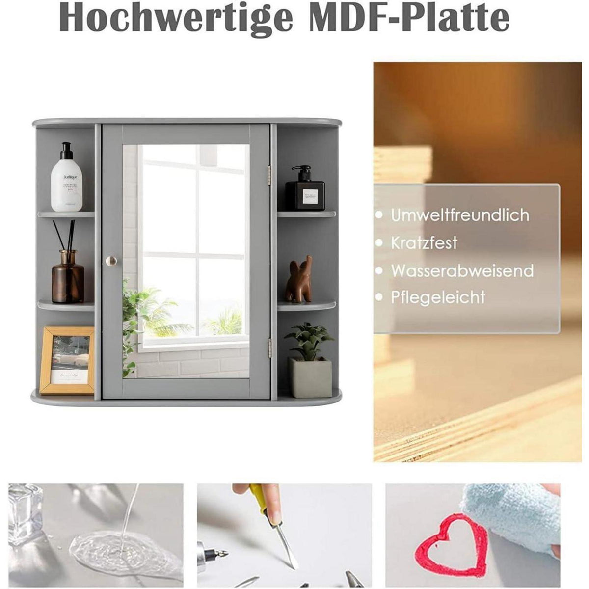 Hängender Spiegelschrank mit Ablagen – Grau, 65x17x63 cm