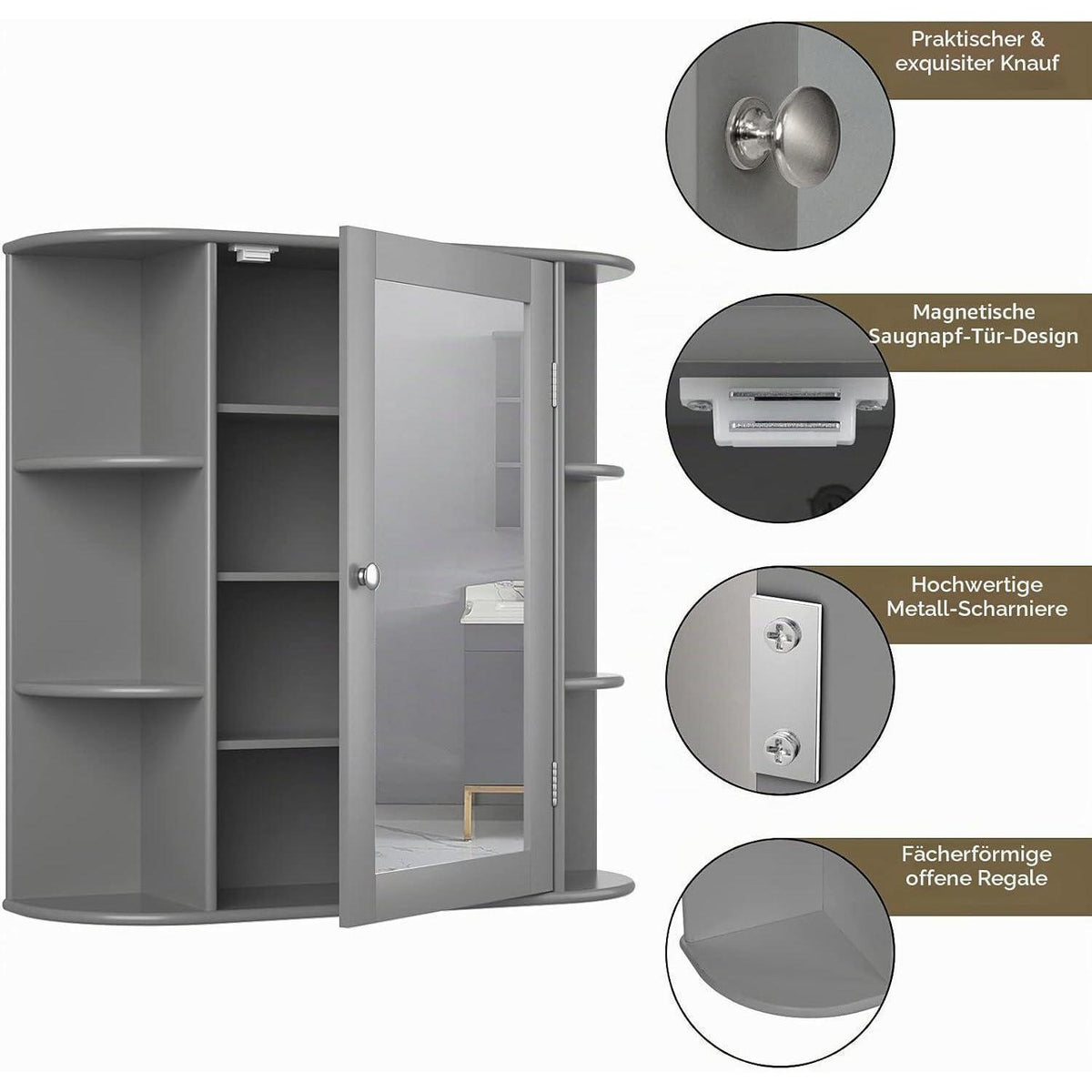Hängender Spiegelschrank mit Ablagen – Grau, 65x17x63 cm
