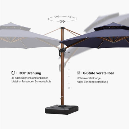 Alu Holzoptik Ampelschirm Sonnenschirm Ø 330 cm Kippbar Neigbar Marineblau