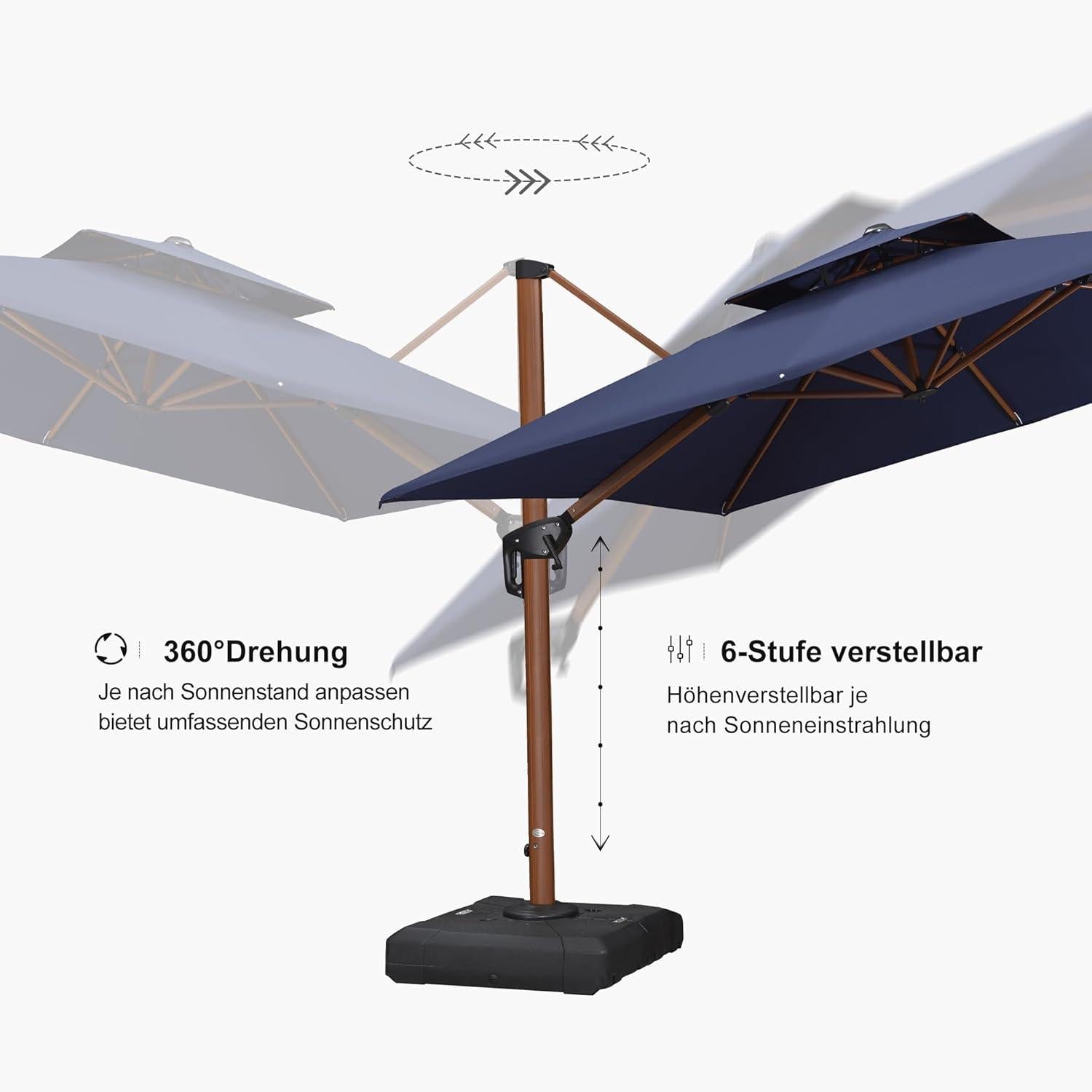 Großer Alu Sonnenschirm 270x270 cm Holzoptik Doppeldach Kurbel 360° Marineblau