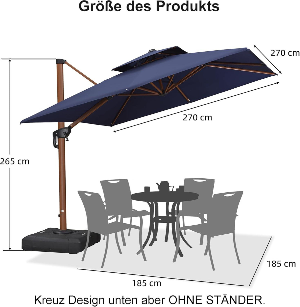PURPLE LEAF Alu Sonnenschirm 270x270 cm Holzoptik Doppeldach Gartenschirm, UV50+, Marineblau