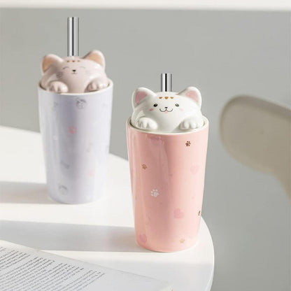 Katzen Reisebecher Keramik 3D-Katzen Deckel Tee 480ml Rose