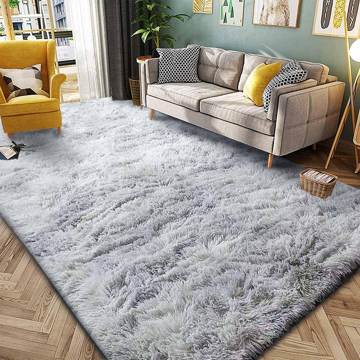 Hochflor Teppich Grau Weiß 200x250 cm Flauschig Weich