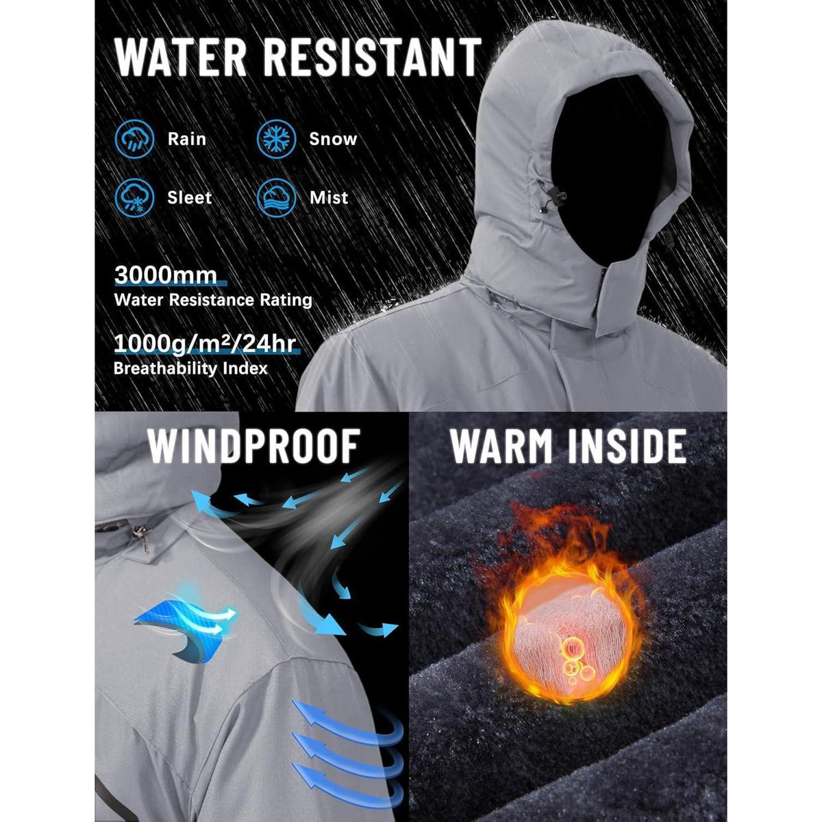 Herren Winterjacke wasserdicht warm gefüttert mit Kapuze XXL Hellgrau