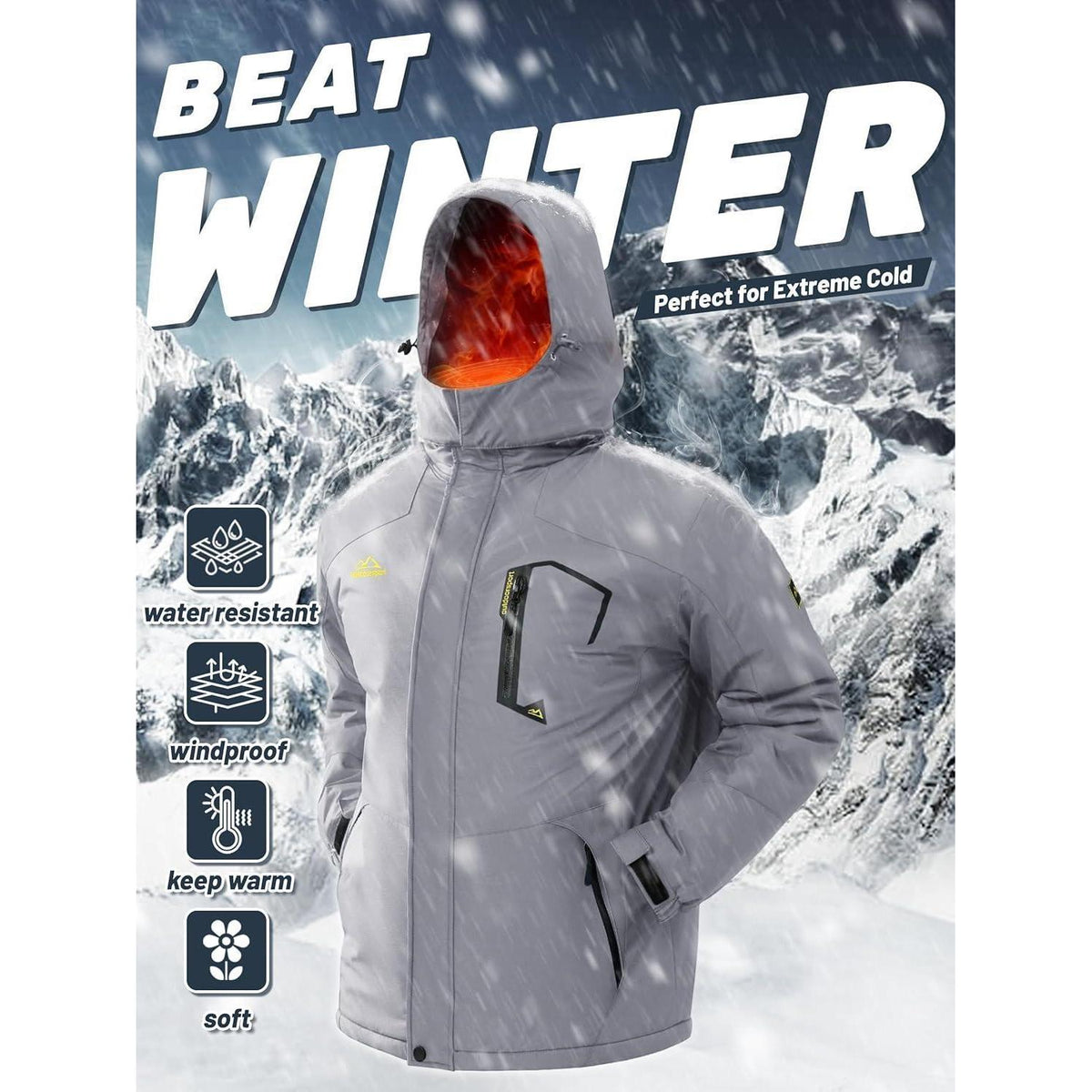 Herren Winterjacke wasserdicht warm gefüttert mit Kapuze XL Hellgrau