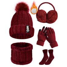Mützen-Schal-Handschuh-Set Damen 5-teilig Weinrot