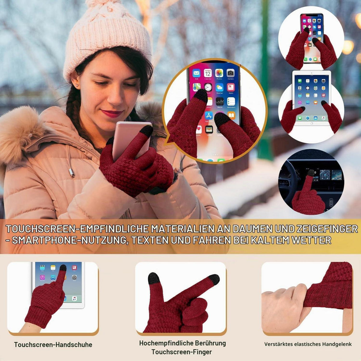 Mützen-Schal-Handschuh-Set Damen 5-teilig Weinrot