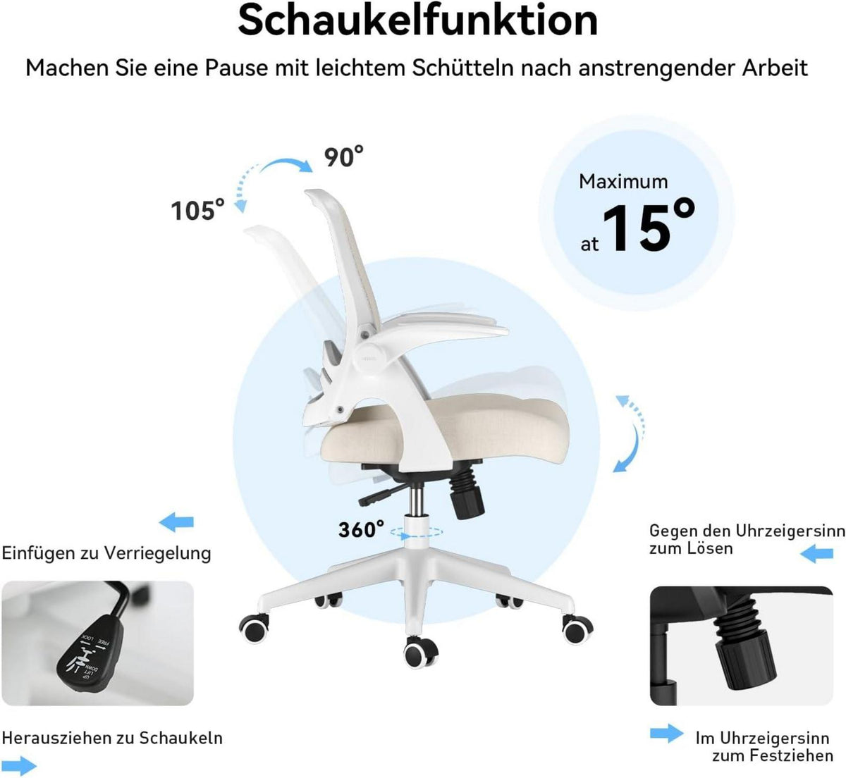 Ergonomischer Bürostuhl mit Armlehnen, Höhenverstellbar, Grau