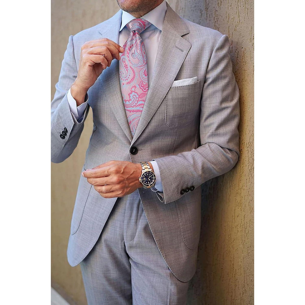 Herren Krawatte & Einstecktuch Set Rosa Paisley Seide