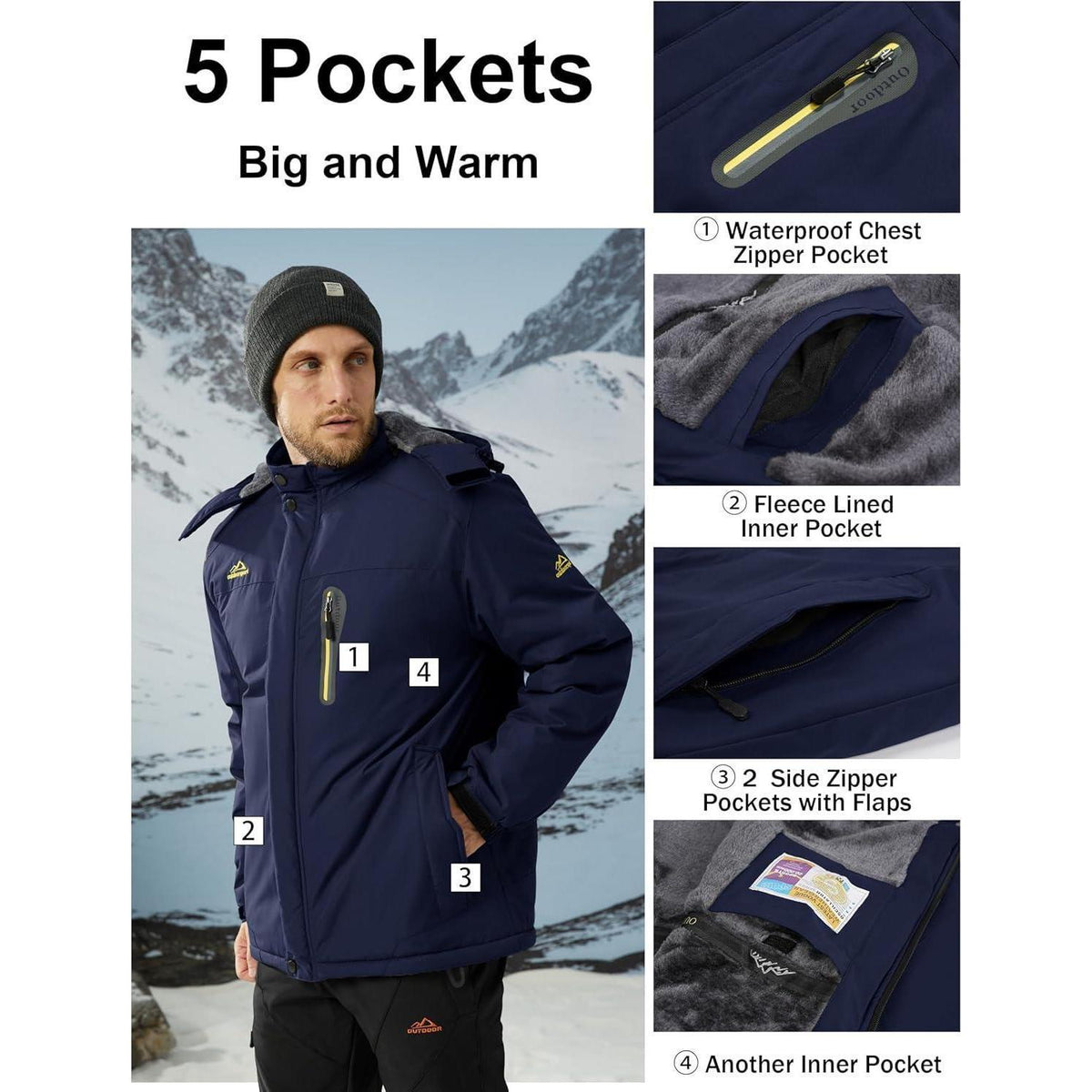 Herren Fleecejacke Winter Warm Gefüttert Skijacke Dunkelblau XL