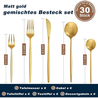 Besteckset Gold Matt 30 Teile für 6 Personen, Edelstahl, Spülmaschinenfest